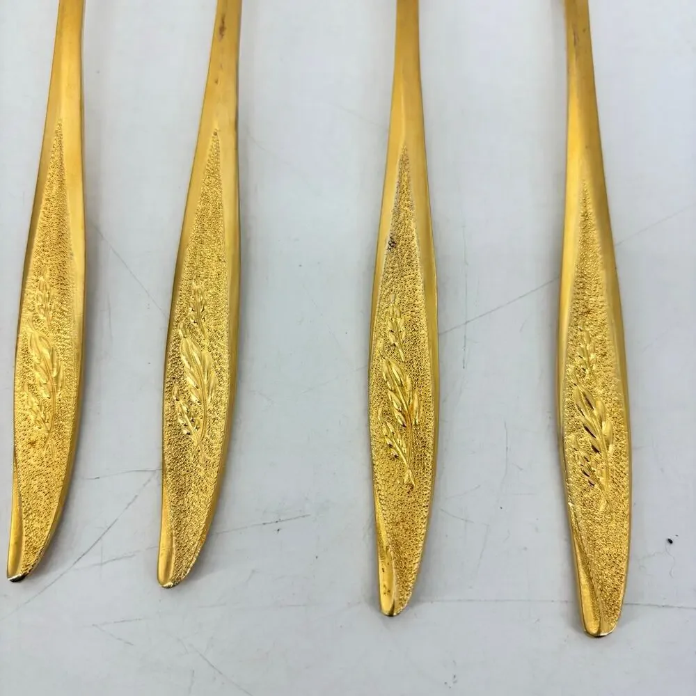 Vassar Nasco Stainless Steel Flatware Gold Tone Wheat Leaves 80s Knifes Forks